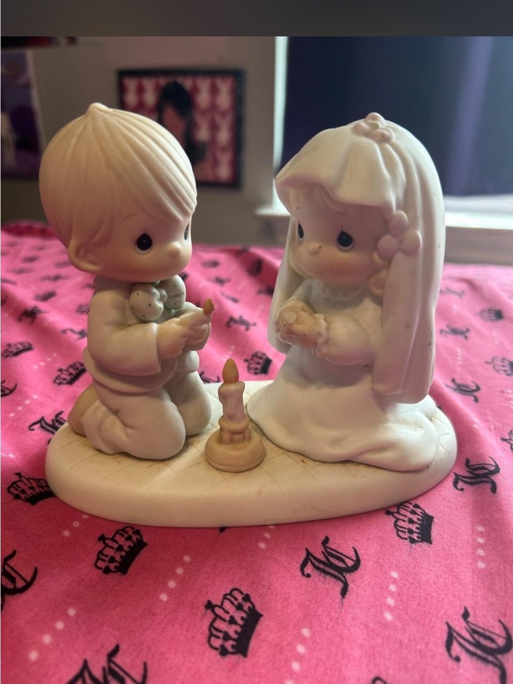 White Porcelain Kneeling Boy and Girl Figurine - White